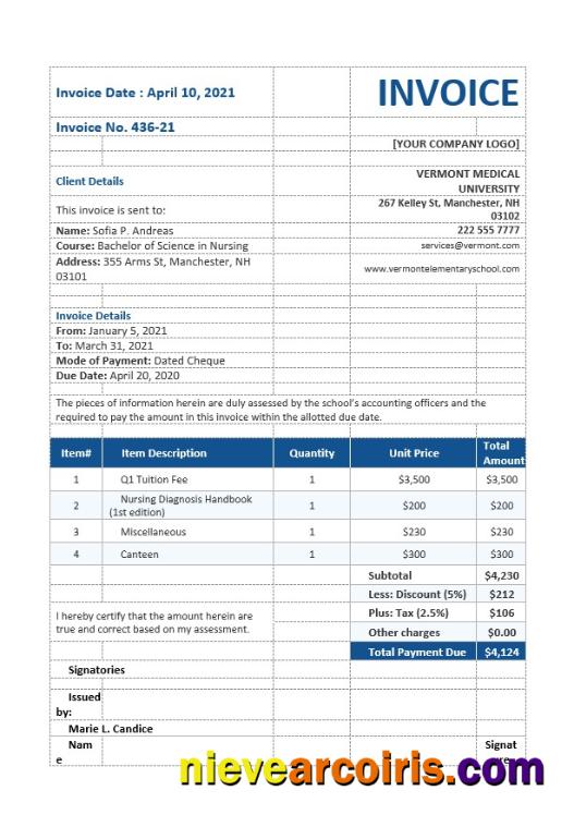 Nursing School Invoice
